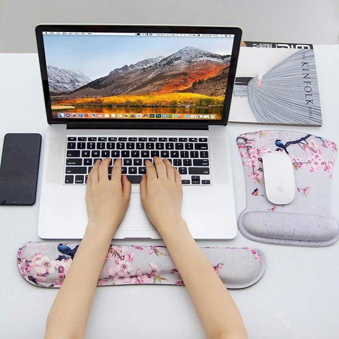 Ergonomic Keyboard Mouse Pad Set with Wrist Rest Support, Memory Foam Hand Rest Wrist Cushion Set for Laptop/Notebook/Desktop/Computer/Gaming/Office/Desk, Easy Typing & Pain Relief(Bird & Pink Flower) - Image 6
