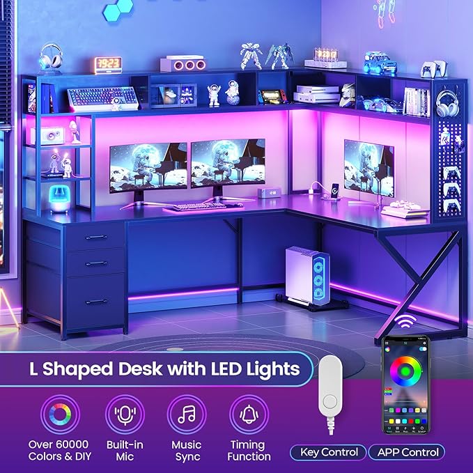 SEDETA L Shaped Gaming Desk with Storage Shelves, Hutch, Drawers | Convertible 94.5" Computer Desk with Power Outlet, LED Lights, Pegboard, Corner Gaming Table for Home Office, Black - Image 4