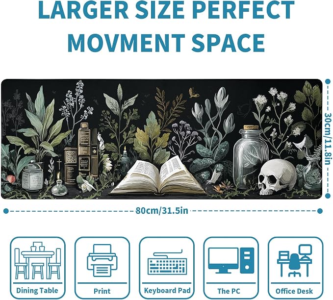 Dark Academia Mouse Pad Desk Mat XL Extended Large Gaming Desk Pad Mousepad, Mystical Green Plant Computer Laptop Keyboard and Mouse Mat, Desktop Protector Mat for Office and Home 31.5x11.8 in - Image 2