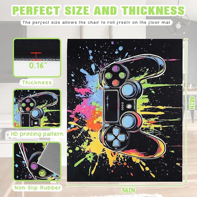 Gaming Chair Mat for Hardwood Floor 36"X 48" Heavy Duty Office Desk Chair Rug for Under Game Rolling Chairs Computer Decor Protect Mats Low Pile Non-Slip Rubber for Carpet & Tile Floor-Game - Image 2
