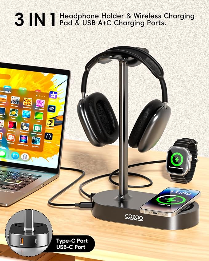 cozoo 15W Wireless Charging Headphone Stand with USB & Type-C Ports, Desktop Gaming Headset Holder, Cool Gaming Accessories & Tech Gifts for Men Teen Boys,Gamer Gifts, for Boyfriend and Teens - Image 2
