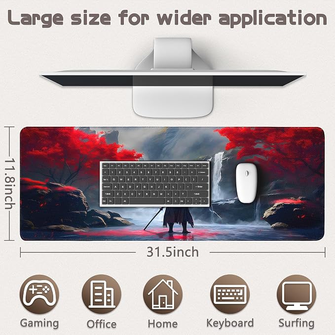 Gaming Mouse Pad - (31.5"×11.8") Japanese Samurai Large Mouse Pads for Desk - Desk Mat for Keyboard and Mouse with Non-Slip Base, Desks Pad Matfor Game/Office & Home - Image 5