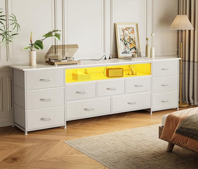 Huuger 70 Inch TV Stand for 75, 80 Inch TV, 11 Drawer Long Dresser with Power Outlets and LED Lights, Entertainment Center with Storage, White Dresser with PU Leather Surface - Image 7