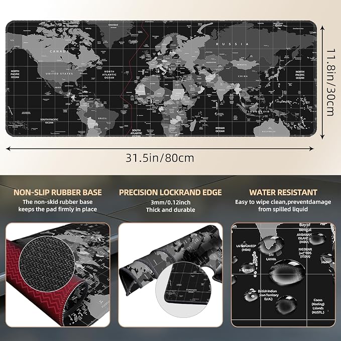 Galdas Mouse Pad for Gaming,XXL XL Large Mouse Mat Long Extended Mousepad Desk Mat Non-Slip Rubber Mice Pads Stitched Edges Thin (31.5 x 11.8 x 0.12 Inches),World Map Background - Image 3