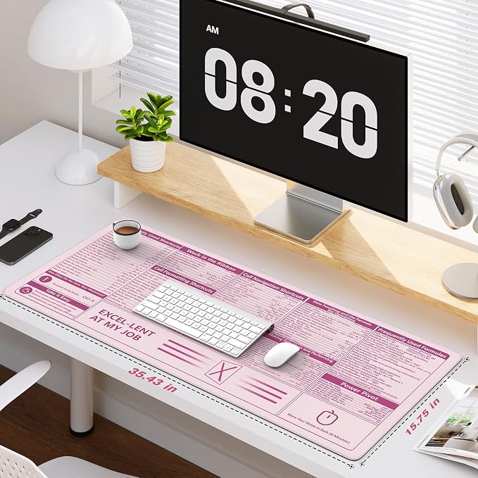 iCasso Excel Cheat Sheet Desk Pad, Pink Excel Shortcuts | Excel Mouse Pad Shortcuts, Excel Shortcuts Cheat Sheet Keyboard Mat, Extended Large XXL Non-Slip mousepad with Stitched Edges - Image 2