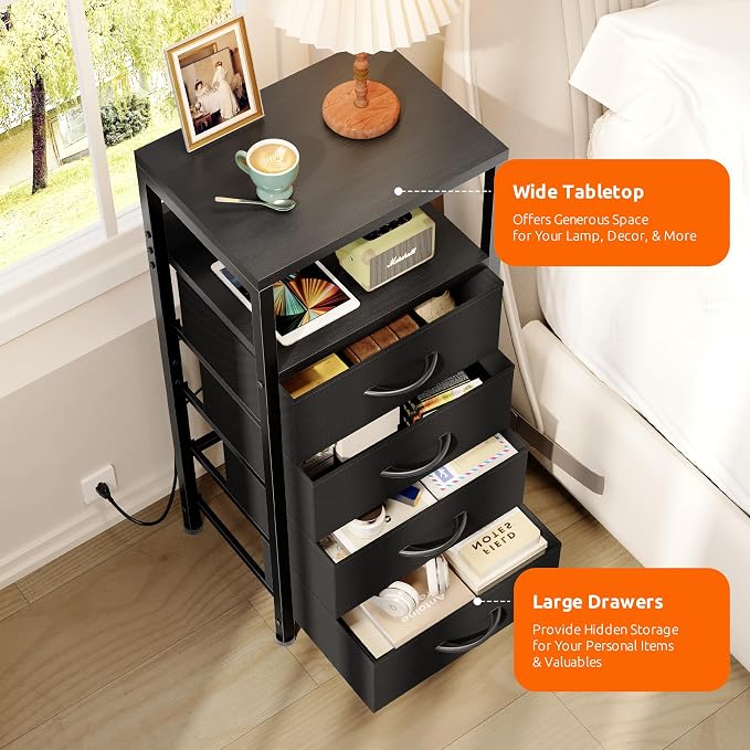 Lazzanto Night Stand with Charger Station, 4 Fabric Drawers, Black - Image 5