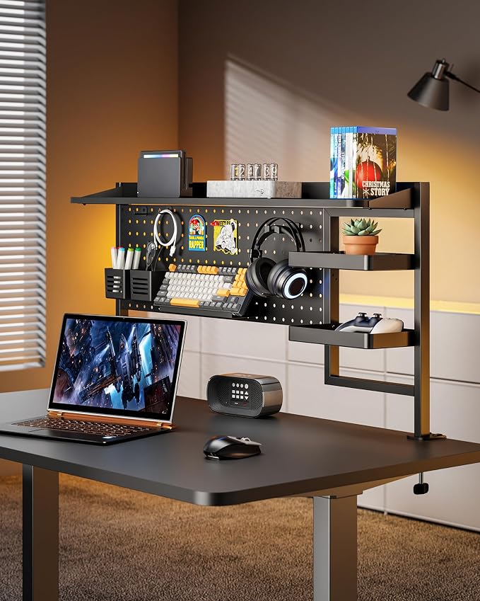 PEGZONE Clamp on Desk Shelf, 44" Desktop Shelving System, Black | with Pegboard and Accessories, Desktop Organizer with 2-Tier Shelf, Desk Pegboard for Office Home Gaming - Image 8