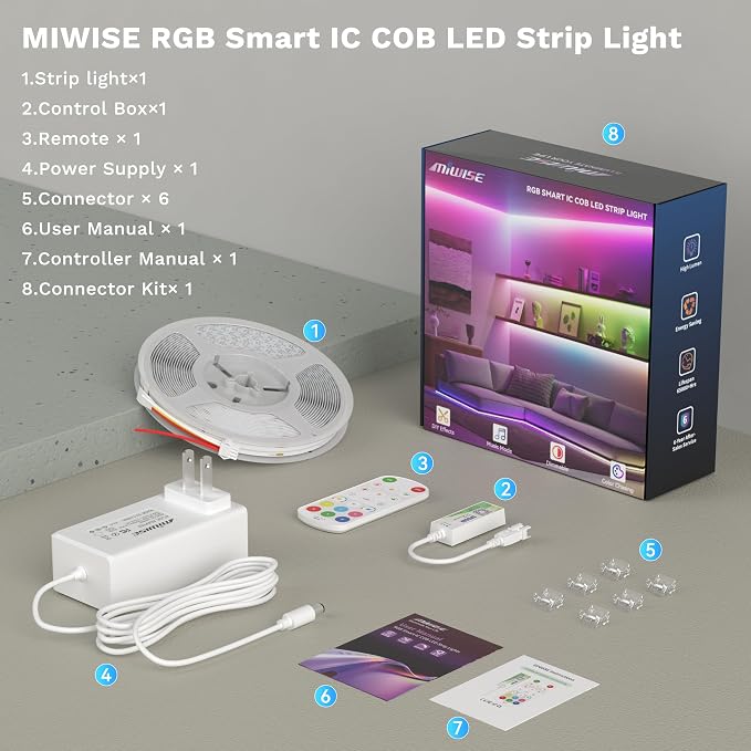 MIWISE LED Strip Lights,RGB Smart IC COB LED Strip Light Color Chasing,24ft Multicolor Flexible LED Tape Light,Music Sync with APP Control,Addressable DIY 16M Colors,for Cabinet,Bedroom,Party Decor - Image 9