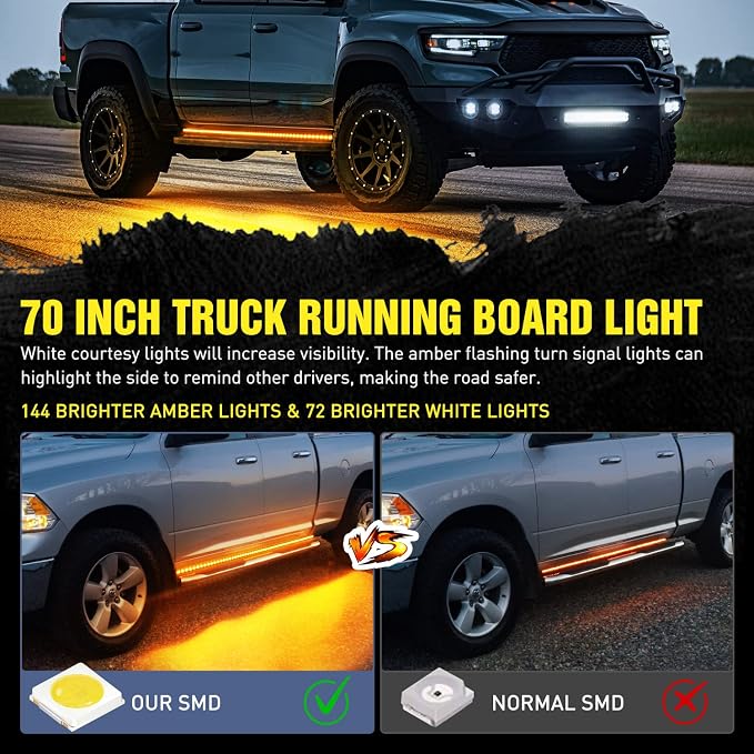 Nilight Truck LED Running Board Lights 2PCS 70 Inch LED Side Maker Light with 216 LEDs White Courtesy Light & Sequential Amber Turn Signal Lighting Strips for Extended & Crew Cab Trucks Pickup - Image 4