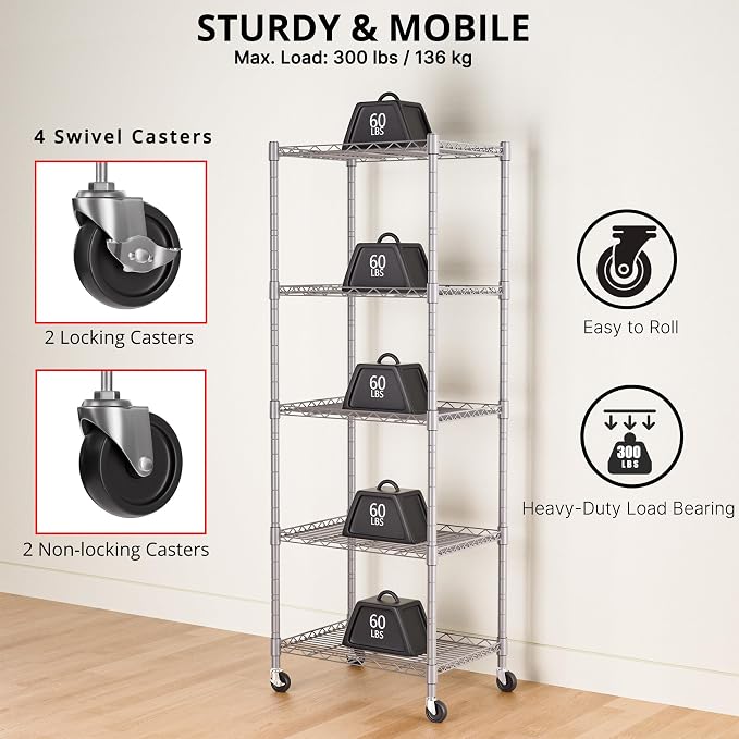 REGILLER 5-Wire Shelving Metal Storage Rack Adjustable Shelves,Standing Storage Shelf Units for Laundry Bathroom Kitchen Pantry Closet(Silver,11.8" D x 16.6" W x 53.5" H,With Wheels) - Image 6