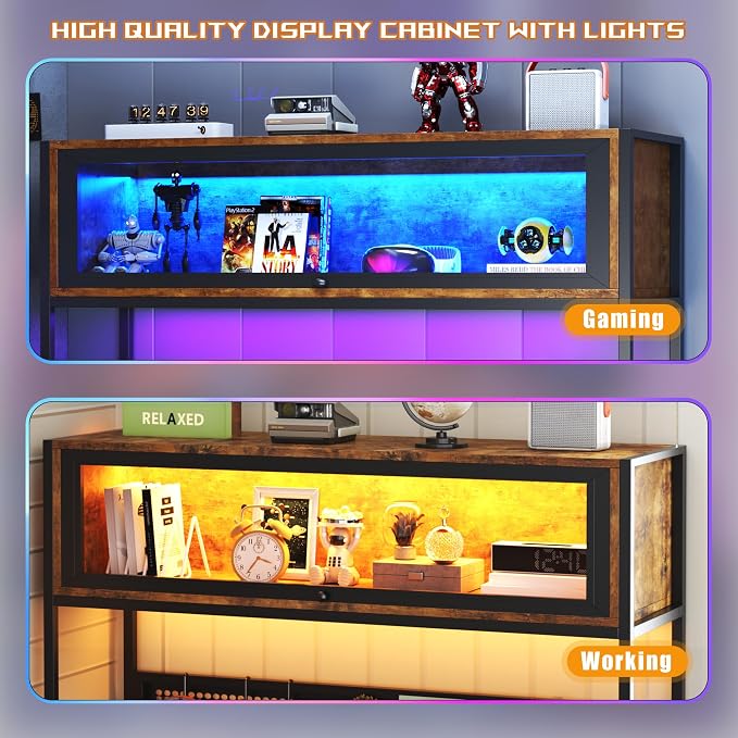 L Shaped Gaming Desk with Power Outlets & LED Lights, 49'' Reversible Computer Desk with Hutch & Pegboard & Display Cabinet, Corner Home Office Desk with Drawer & Keyboard Tray & Storage Bag, Rustic - Image 4