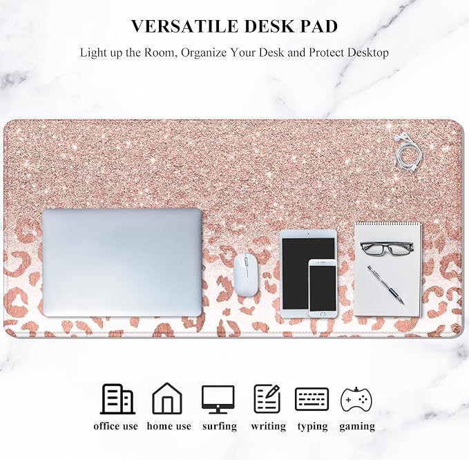 Auhoahsil Large Mouse Pad, XXL Desk Pad, Extened 35" x 15", Non-Slip Rubber Base, Stitched Edges, Superior Surface, Waterproof Keyboard Mat, Large Mousepad for Gamer, Office & Home, Pink Gold Leopard - Image 7