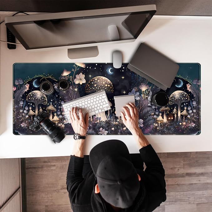 Teng DA Qing Cute Dark Mushroom Moon Night Mouse Pad XL Extended Gaming Mat with Stitched Edges, Computer Laptop Keyboard and Mouse Mat for Women Office Desk Decor, 31.5x11.8 in - Image 7