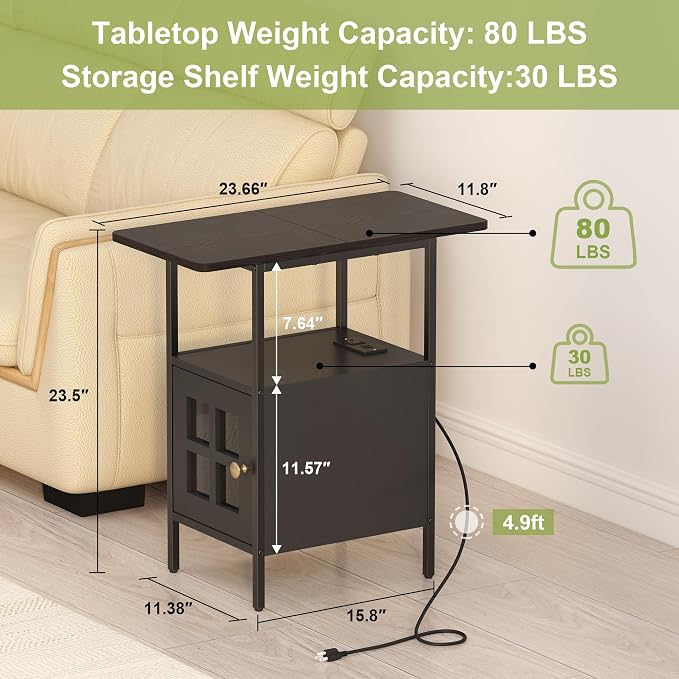 Narrow Side Table with Charging Station 3-Tier End Table with USB & Outlets - Image 2