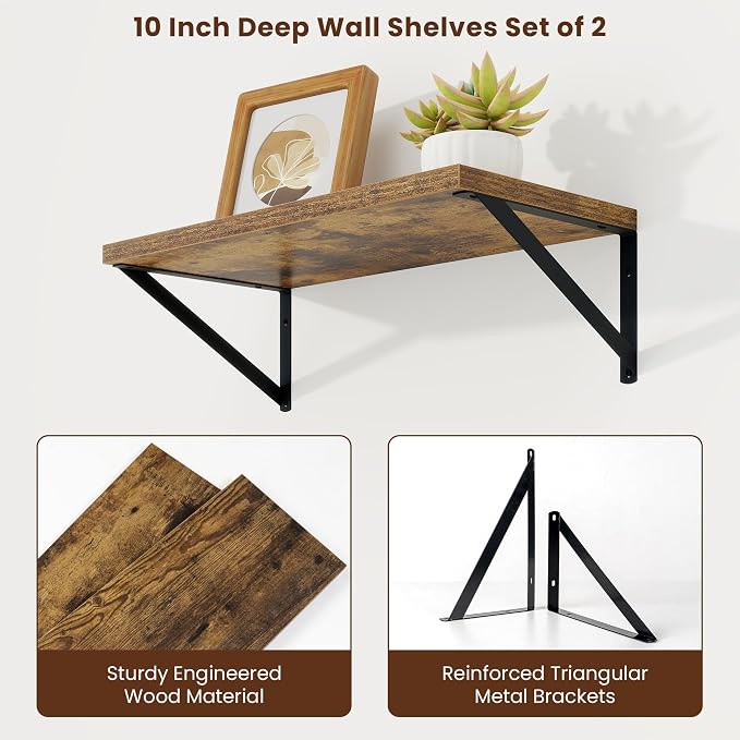 Axeman 20 Inch Floating Shelves, 10 Inch Deep Brown Wall Shelves Set of 2 - Image 5