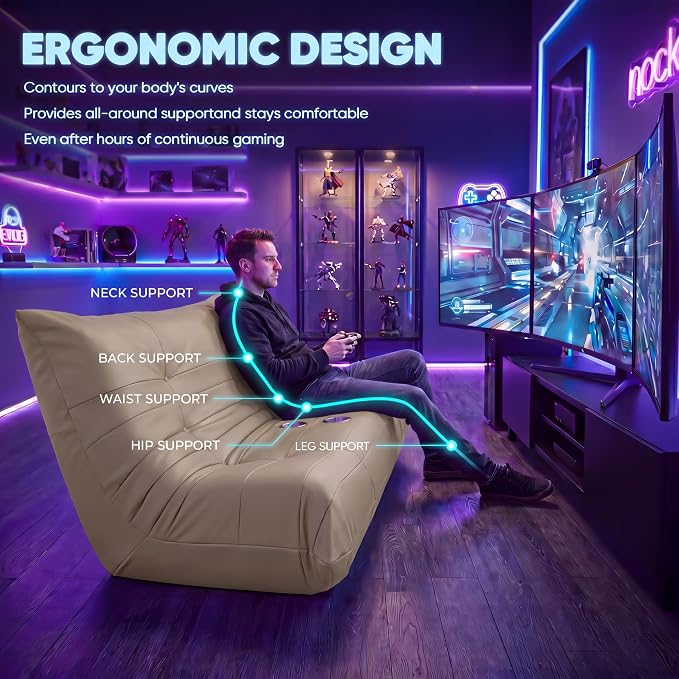 Homall Floor Gaming Chair Boneless Loveseat Couch, Ergonomic Floor Sofa Couch with Cup Holders, Leather Lazy Floor Lounger for Gaming, Reading, Relaxing, Watching TV (Khaki) - Image 4