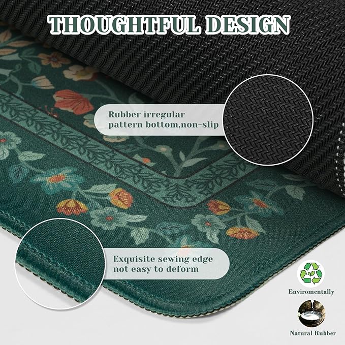 iCasso Aesthetic Floral Desk Mat,Retro Mouse Pads,31.5x11.8in,Deep Green | Anti-Slip Mousepad with Stitched Edges, Waterproof Computer Pad, Desk Accessories Office Decor for Women - Image 4