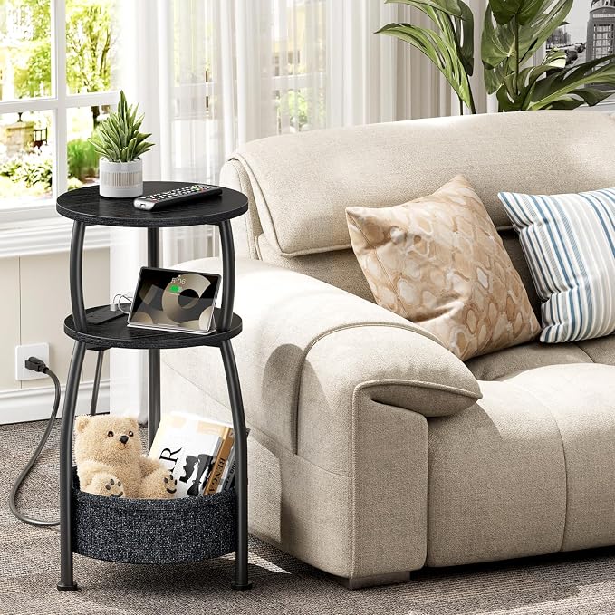 Side Table with Charging Station, Small Round End Table with Basket - Image 5
