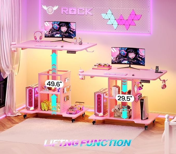 SEDETA Small Standing Gaming Desk, 31.5" Rolling Computer PC Desk Electric Height Adjustable with Power Outlet, Pegboard & Storage Shelves, LED Light, for Small Spaces/Bedroom/Gaming/Girl Room, Pink - Image 3