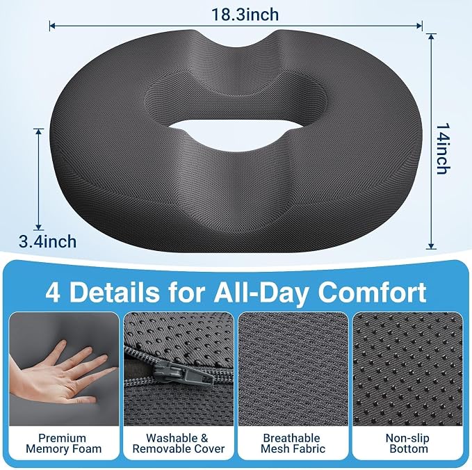 Donut Pillow Seat Cushion, Office Chair Cushion, Gray, X-Large | Ergonomic Design, Breathable Cover, for Tailbone Pain, Hemorrhoids & Long Sitting Hours, for Home & Office - Image 5
