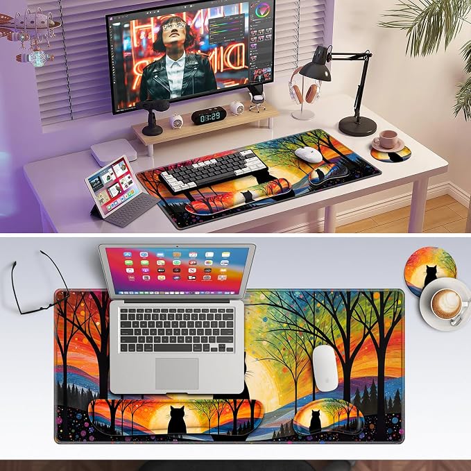 Canjoy Desk Mat with Wrist Rest, Anime Black Cats Keyboard and Mouse Pad - Image 7