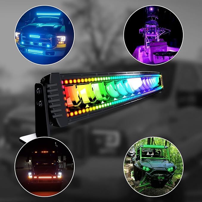 32" Curved LED Light Bar 2X 4 Flood LED Pods with Chasing RGB Halo - Image 9
