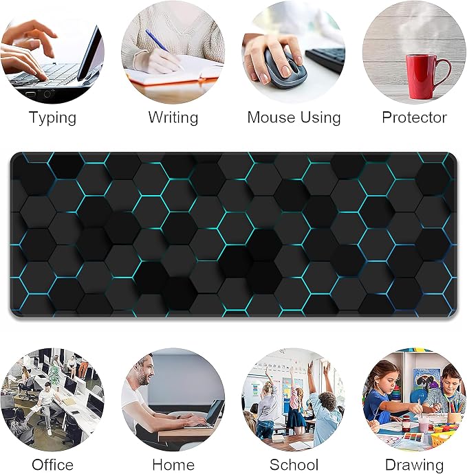 Blue Hexagon Honeycomb Desk Mat, XL 31.5"x11.8" Large Mouse Pad, Geometric Extended Gaming Mouse Mat,Non-Slip Rubber Base Waterproof with Stitched Edges for Gaming Office Home Decor - Image 6