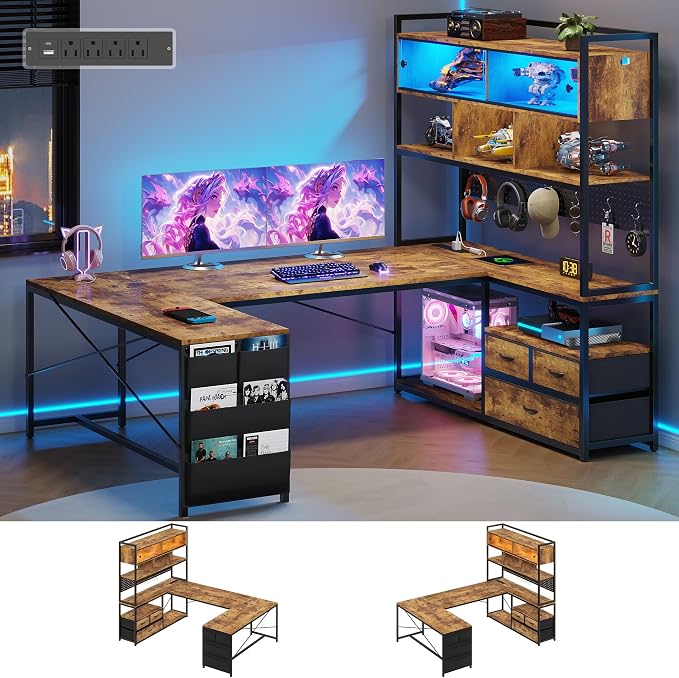 Dnxao 65" Gaming Desk with 3 Drawers and Pegboard, Rustic Brown | Reversible U Shaped Computer Desk with Power Outlets and LED Lights, Storage Shelves Workstation with Pegboard for Gamers by Dnxao