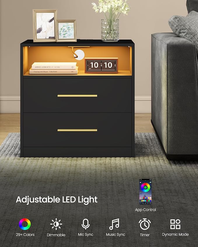 VASAGLE 23.6 Nightstands, LED Lights, Charging Station, 2 Drawers - Image 5
