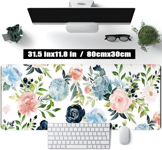 Gaming Green Desk Mat Desk Mouse Pads Purple Blue Pink Floral Mouse Pad Large, XL Big Computer Keyboard Mouse Mat Desk Pad Mat with Stitched Edge for Women Home Office Decor Deskmat 31.5x11.8 in - Image 2