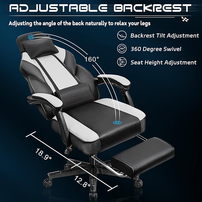 Big and Tall Gaming Chair for Adults, Heavy Duty Computer Chair with Footrest, Video Game Chair, Massage Lumbar Support, Wide Seat High Back Reclining Desk Chair, White - Image 4