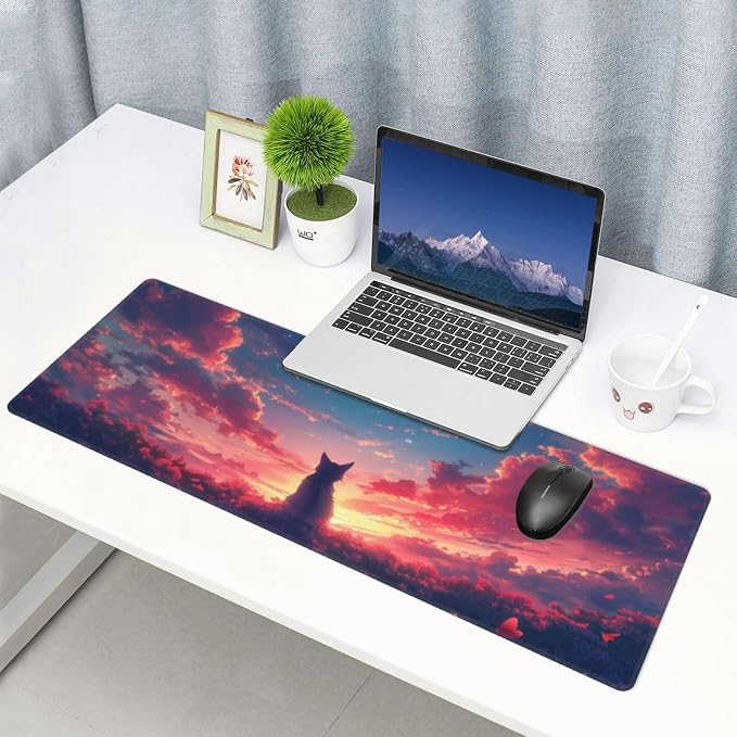 Gaming Mouse Pad Desk Pad,Extended Big Mouse Pad,31.5x11.8 Inch Long Computer Keyboard Mouse Mat Mousepad with 3mm Non-Slip Base and Stitched Edge for Gaming and Office… (Sunset Cat) - Image 7