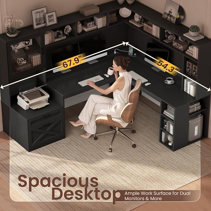 SEDETA Farmhouse L Shaped Computer Desk with Double Hutch, Storage Drawers - Image 5