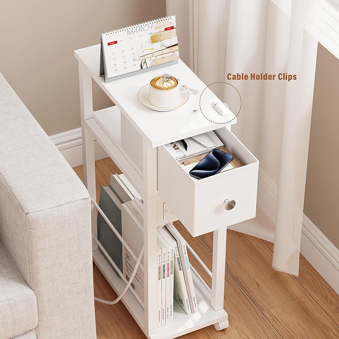 Slim Nightstand Set of 2, Narrow Side Table with Charging Station & Drawer - Image 4
