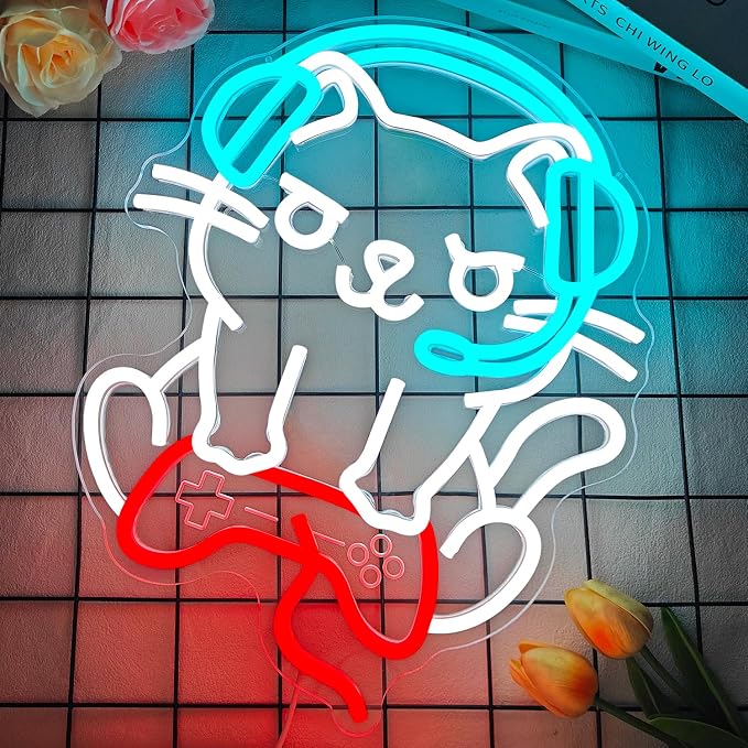 Cat Gaming Neon Sign Gamer Cat Neon Signs for Wall Decor Dimmable Game Room Led Wall Art Gamer Room Decor Led Light Sign Funny Gift for Cat Lovers & Gamers - Image 4