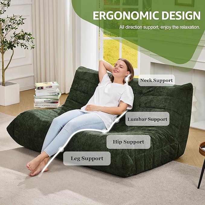 Hobestluk Large Bean Bag Chairs for Adults Fireside BeanBag Couch Togo Sofa | Ergonomic Design,Memory Foam,No Assembly,Faux Fur Fireside Lounge Floor Chair Back Support Office | Green Chenille Loveseat - Image 5