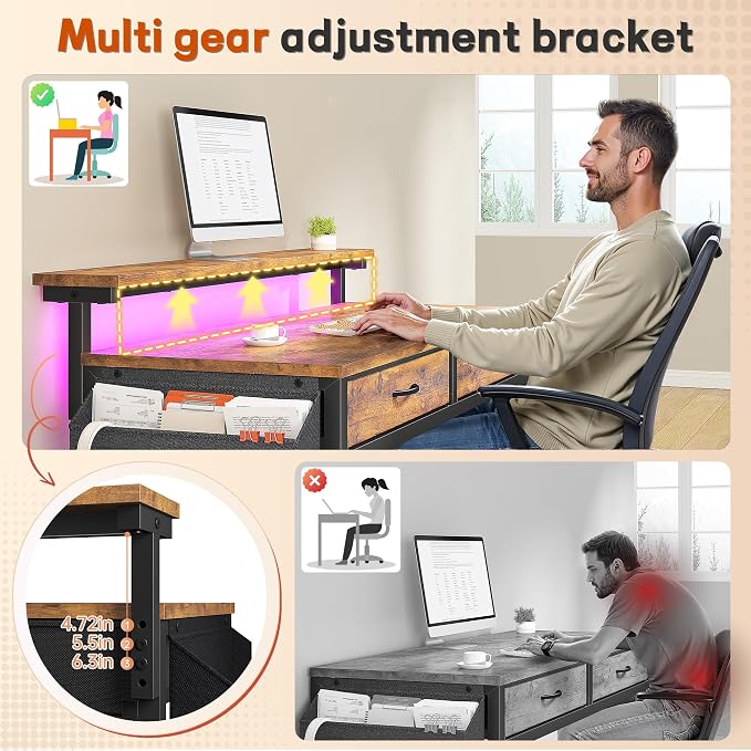 Gaming Desk with LED Lights & 2 Fabric Drawers, 39.4Inch Home Office Computer Desk with Side Pocket & Ergonomic Monitor Stand, Small Space Study Writing Table with Anti-Tip Design, Rustic Brown - Image 6