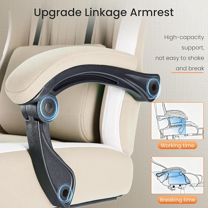 Sweetcrispy Video Game Chair, Ergonomic Computer Desk Chair, Lumbar Support | Footrest, Height Adjustable, Linkage Armrests, Headrest, Fabric, 360° Wheels, Khaki - Image 5