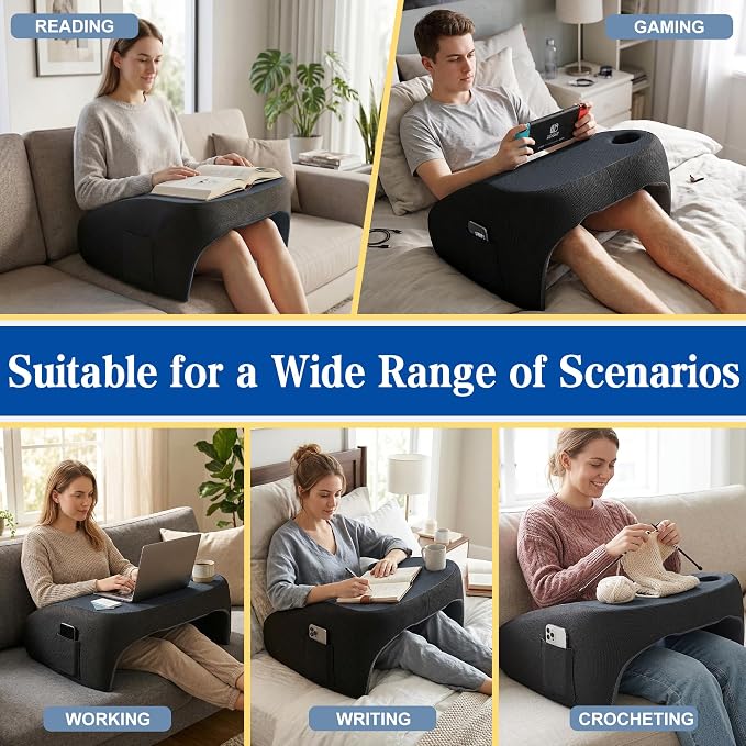 Reading Pillow for Gaming, Ergonomic Memory Foam Lap Desk Pillow | Cup Holder & Pocket, Large Non-Slip Bottom Arm Rest Pillow for Working, Crocheting in Bed, Couch, Floor (Deep Grey) - Image 2