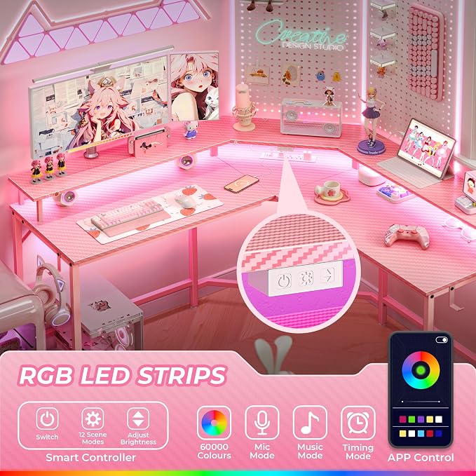 Huuger L Shaped Gaming Desk with Power Outlets & LED Lights, Computer Desk with Monitor Shelves, Carbon Fiber Surface, Home Office Desk, Corner Gaming Desk with Hooks, Carbon Fiber Pink - Image 4