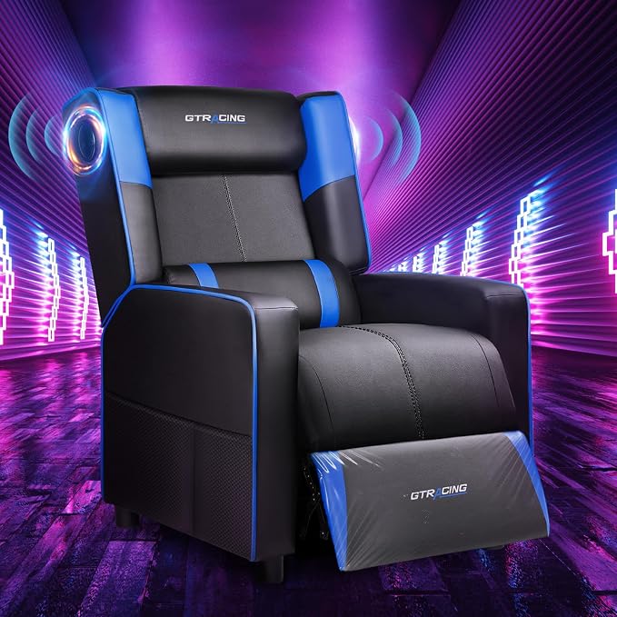 GTRACING Gaming Recliner Chair with Bluetooth Speakers Racing Style Single Gaming Sofa Modern Living Room Recliners Ergonomic Comfortable Massage Home Theater Seating, Blue by GTRACING