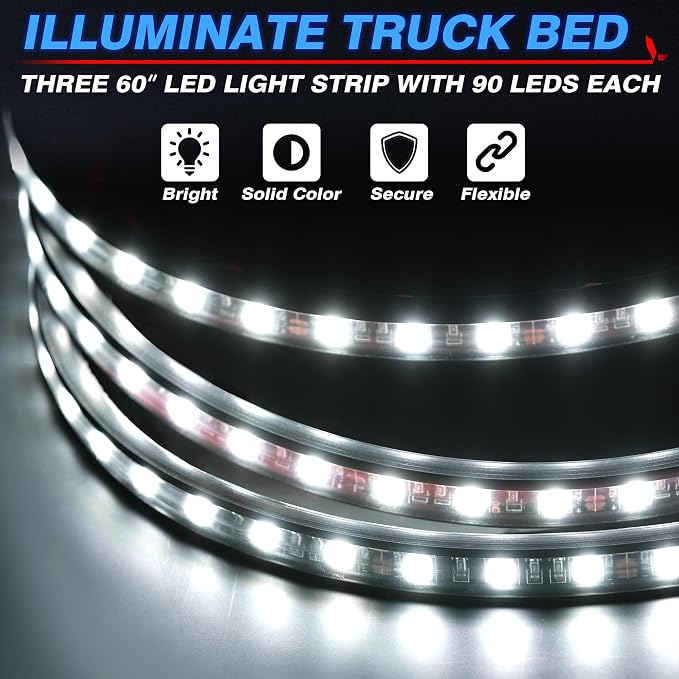 MICTUNING 3Pcs 60 Inch Truck Bed Lights - White Waterproof LED Light Strip with On-Off Switch Fuse Splitter Cable Compatible for Truck Jxxp Pickup RV SUV Vans Cargo Boats and More - Image 2