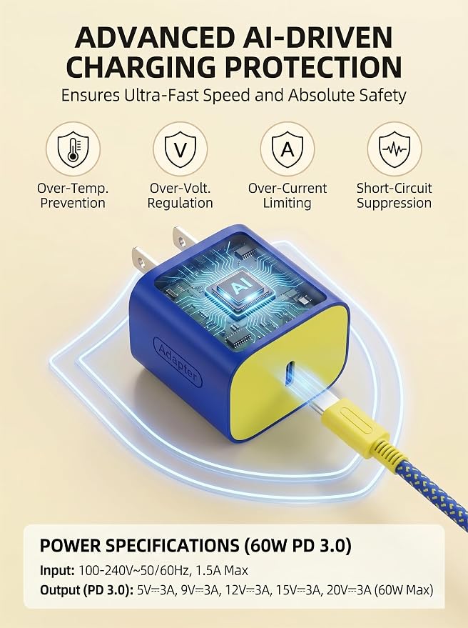 Switch 2 Charger - 60W AC Adapter (Blue & Yellow), 6.6FT Fast Charging Cable, Supports 4K TV Dock Mode, 20V/3A Power Supply for Nintendo Switch/OLED/Lite & Steam Deck - Image 5
