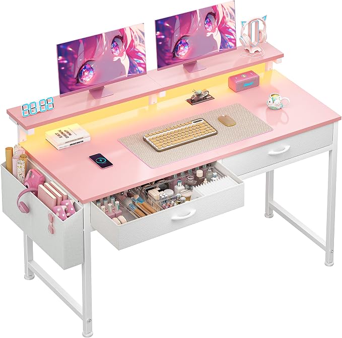 DurayLoly 47.3” Office Computer Desk with LED Lights&2 Fabric Drawers,Pink by Durayloly