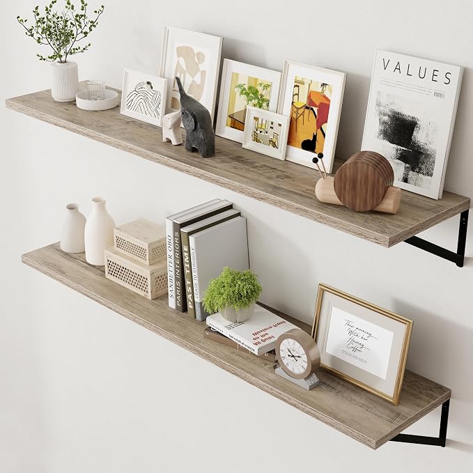 Axeman 12 Inch Deep Floating Shelves for Wall - 55 Inch Wide x 12 Inch Deep Wall Shelves Set of 2 - Rustic Grey Wood Floating Shelves for Living Room by Axeman