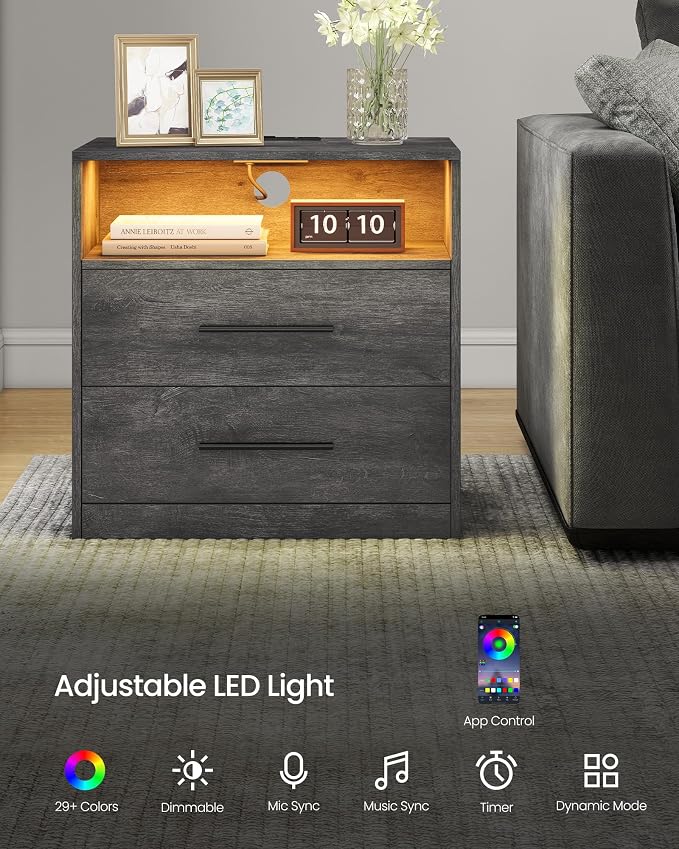VASAGLE 23.6‑Inch Wide Nightstands, Set of 2, LED Lights, 2 Drawers - Image 5