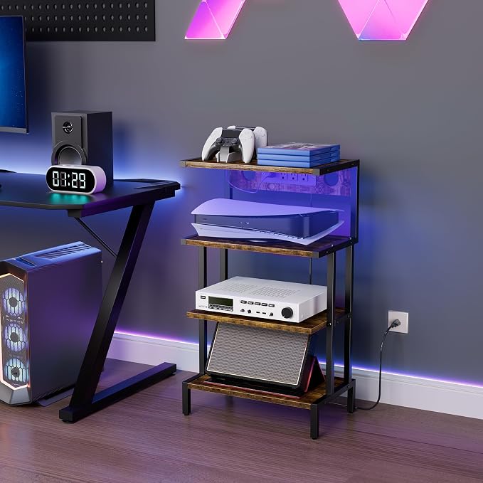 Aquzee Video Game Console Shelf, Stereo Racks - Media Stand with Outlet & Led Strip Light, 4-Tier Gaming Shelf for PS4 PS5 Xbox Games Organizer, Small Entertainment Center, AV Media Stand for CD DVD - Image 2