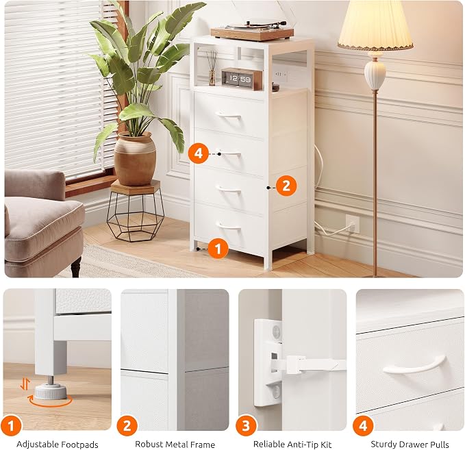 Lazzanto Night Stand with Charger Station, 4 Fabric Drawers, White - Image 5