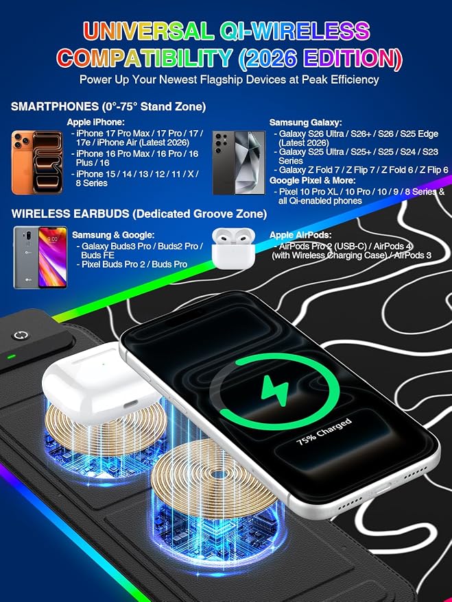 RGB Mouse Pad with Foldable Phone Stand Wireless Charger, 31.5"x11.8" XL Gaming Mousepad Large Desk Mat, Desk Pad with 11 Colors 5 Modes, Waterproof - Image 3