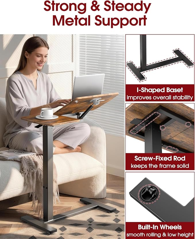 Sakugi Overbed Bedside Table with Wheels, Right-Side Tilt Top, Laptop Desk - Image 5